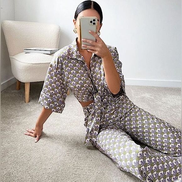 Zara Set Silky Print Tie Front Top (M) & Matching Pants (S) • NEW WITH TAGS • - Picture 1 of 10